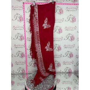 Wayan natural wear wrap scarf tie dye Butterfly Print Fringe Scarf in Deep Red